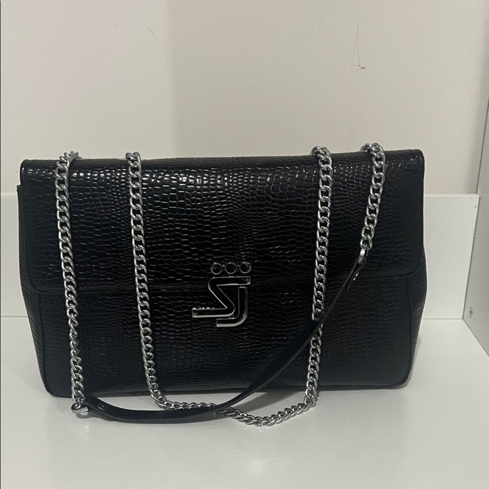 SJ Black Croc-Embossed Shoulder Bag with Silver Chain
